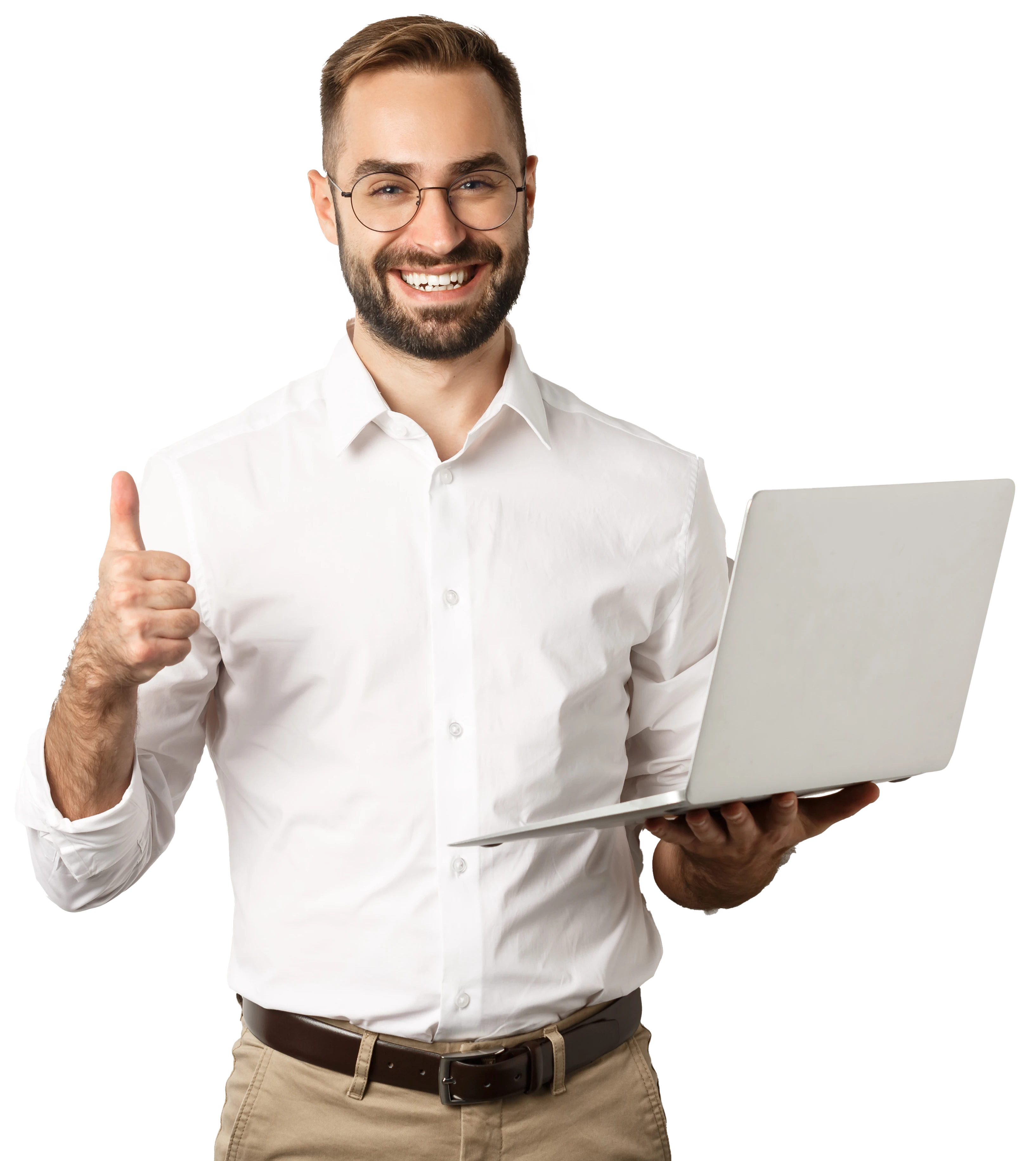 Profesional de SUTI con portátil invitando a conversar sobre un proyecto